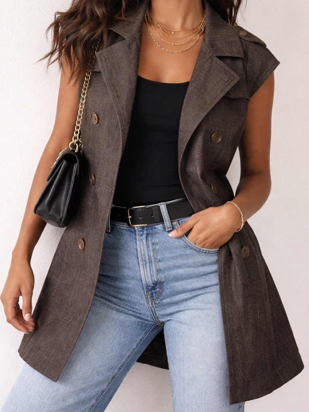 WOMEN’S SHARAGANO Sleeveless Trench Vest Minimalist Neutral Layering